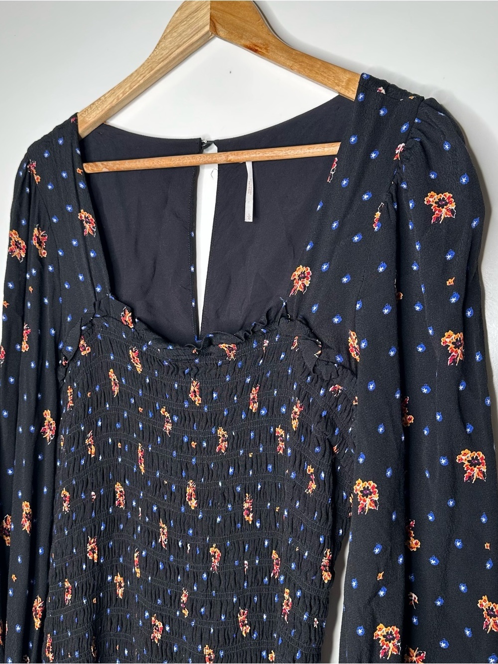 Free People Two Faces Smocked Mini Dress Black Floral Long Sleeve Large - Picture 7 of 9